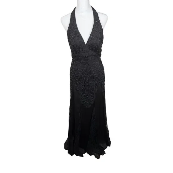 sue wong nocturne black beaded dress S/M) 90s/Y2K Sue Wong Beaded Floral Applique Silk Midi Dress – The Clothing  Warehouse main image 1